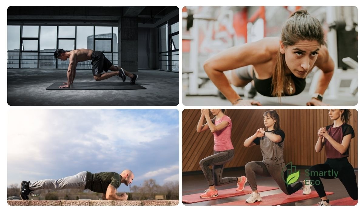 plank tricep pushups, lunges and other workout banner